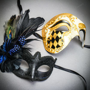 Venetian Gold Black Phantom Half Face & Glitter Blue Feather Eye Couple Mask